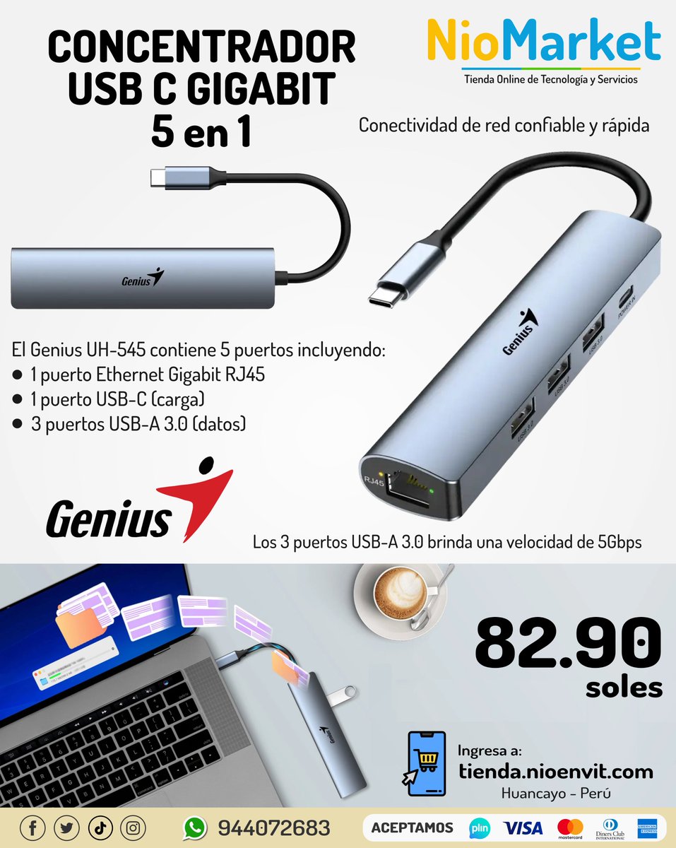 NioenviT's tweet image. Concentrador USB C Gigabit 5 en 1 - Genius
🚚 Envío Gratuito a Huancayo y Tambo*
🚚 Envío a todo Junín y el Perú por Shalom
📲 Cómo pedir?
👉 Envía un mensaje a nuestro WhatsApp o en nuestra tienda Online ➡ tienda.nioenvit.com/10-tecnologia
#Hubusb #concentradorusb  #Huancayo #Junin