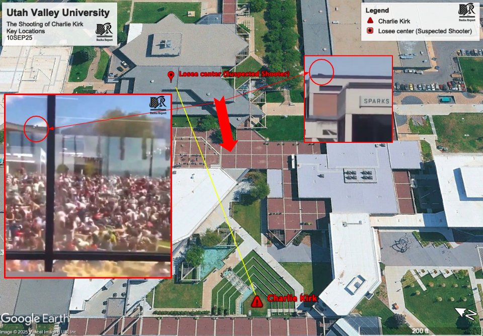 Basha باشا on X: "🇺🇸@BashaReport #OSINT Based on the two attached videos, I can say with high confidence that the suspected shooter who shot @TPUSA's @charliekirk11 was standing on the third floor