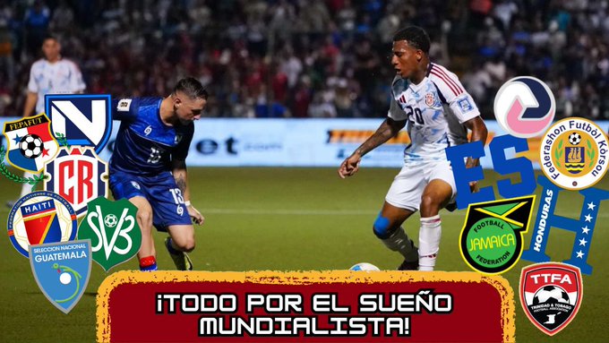 Two soccer players on a field, one in a blue uniform and the other in a white uniform with red and blue accents, running toward a soccer ball. Logos of soccer teams including Guatemala, Honduras, and others are visible around the players. Text overlays read "TODO POR EL SUEÑO MUNDIALISTA!" and include additional graphics of soccer associations.