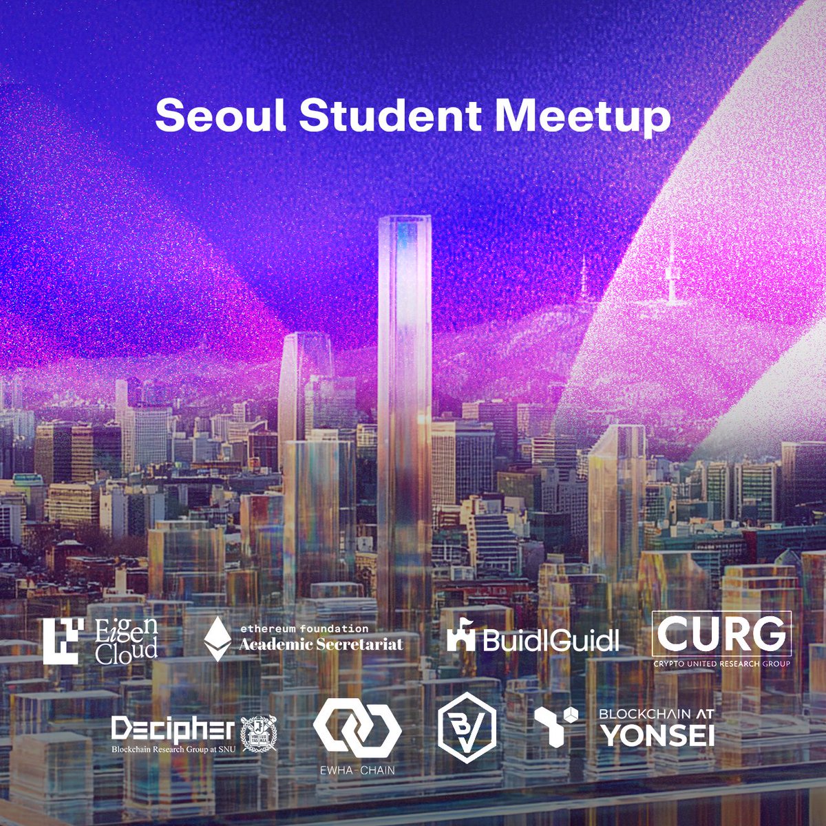 EigenLayer (@eigenlayer) on Twitter photo 🌍 The Student Summer Tour keeps moving!
Next stop: Seoul! 🇰🇷
We’re teaming up with <a href="/ethereumfndn/">Ethereum Foundation</a> to meet students and talk about building verifiable apps on <a href="/ethereum/">Ethereum</a>.
Co-hosting this event with 5 amazing universities:
<a href="/BlockchainatYU/">Blockchain at Yonsei</a>, <a href="/curg_official/">CURG in Seoul</a>, <a href="/DecipherGlobal/">decipher</a>, 🌍 The Student Summer Tour keeps moving!
Next stop: Seoul! 🇰🇷
We’re teaming up with <a href="/ethereumfndn/">Ethereum Foundation</a> to meet students and talk about building verifiable apps on <a href="/ethereum/">Ethereum</a>.
Co-hosting this event with 5 amazing universities:
<a href="/BlockchainatYU/">Blockchain at Yonsei</a>, <a href="/curg_official/">CURG in Seoul</a>, <a href="/DecipherGlobal/">decipher</a>,