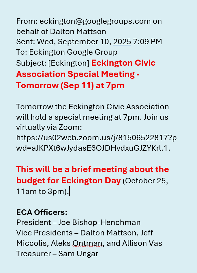 ScottRobertsDC's tweet image. the @EckingtonCivic is holding a special meeting Thursday evening at 7pm regarding the budget for the Saturday, 10-25-2025, #EckingtonDay Day event 

#EckingtonDC