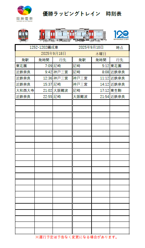 鉄道グッズ 運行表 阪神タイガース リーグ優勝記念 🚊ラッピングトレイン運行表【9/14（日