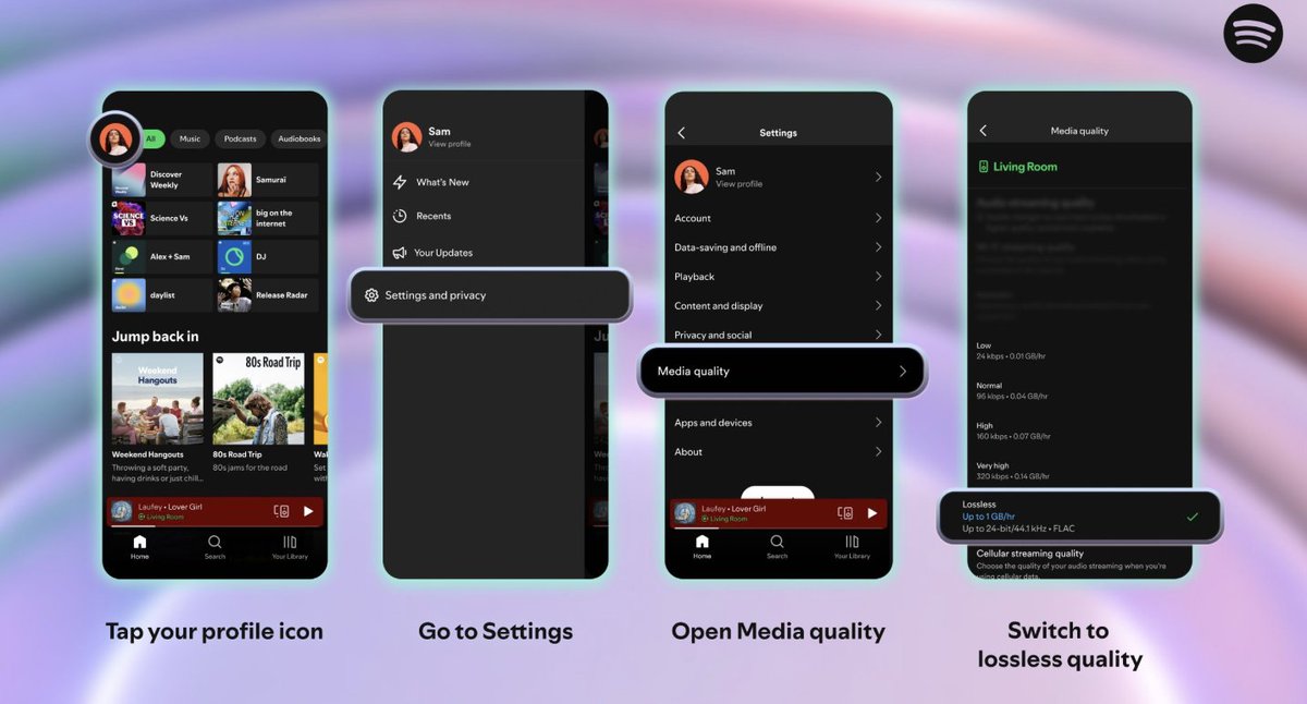 japonton's tweet photo. Spotify ha lanzado finalmente el audio sin pérdidas (Lossless) para sus suscriptores Premium. Esta mejora permite a los usuarios disfrutar de música con calidad de hasta 24 bits/44.1 kHz FLAC sin costo adicional.  La función se está desplegando gradualmente en más de 50 mercados a nivel global pero Australia, Austria, Chequia, Dinamarca, Alemania, Japón, Nueva Zelanda, Países Bajos, Portugal, Suecia, Estados Unidos y el Reino Unido ya lo tiene disponible. Los usuarios recibirán una notificación en la aplicación cuando esté disponible en su región. Para disfrutar de la mejor calidad, se recomienda utilizarla a través de Wi-Fi con audífonos con cable.