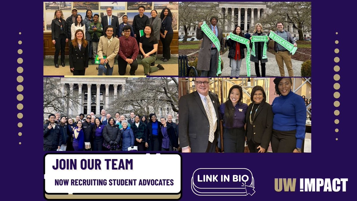 UW Impact is launching a Student Advocate Program! Join us if you would like the chance to meet legislators, learn advocacy skills, and help represent UW students in higher ed policy. Apply here: bit.ly/46jII8j #UWImpact #UW #GoHuskies