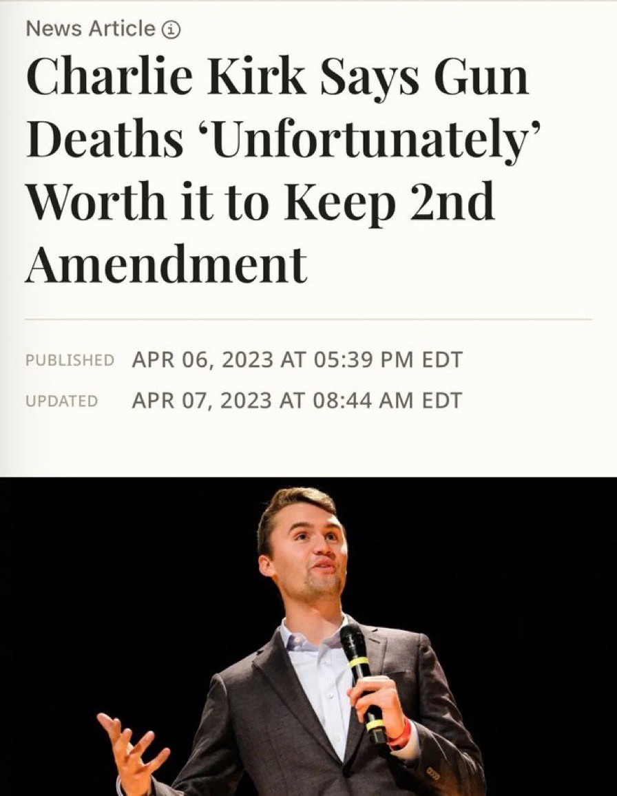 DWCompassion's tweet image. I despise MAGA... But, I despise violence even more. 

Charlie Kirk did not deserve to lose his life. May he Rest In Peace.. We offer our condolences to his family and friends.

This article picture is from Newsweek in April 2023.

#2ndAmendment  #CharlieKirk  #GunControl