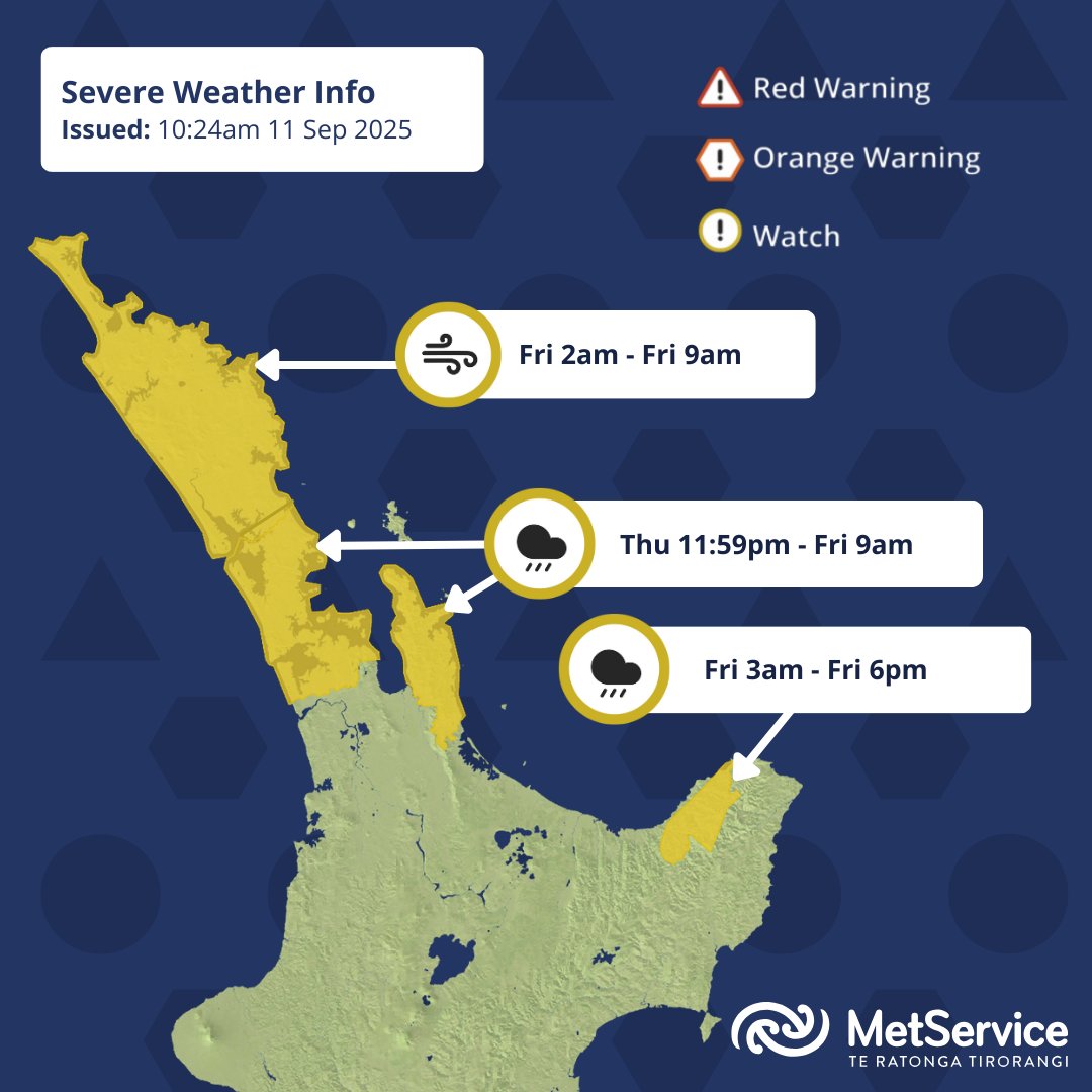 🟡Watches have been issued for Heavy Rain and Strong Winds as the work week comes to a wet and windy close over the upper North Island on Friday

Take some time today tie down any loose items. And with possible heavy rain before dawn, remember to take it easy on the roads🚗🚙