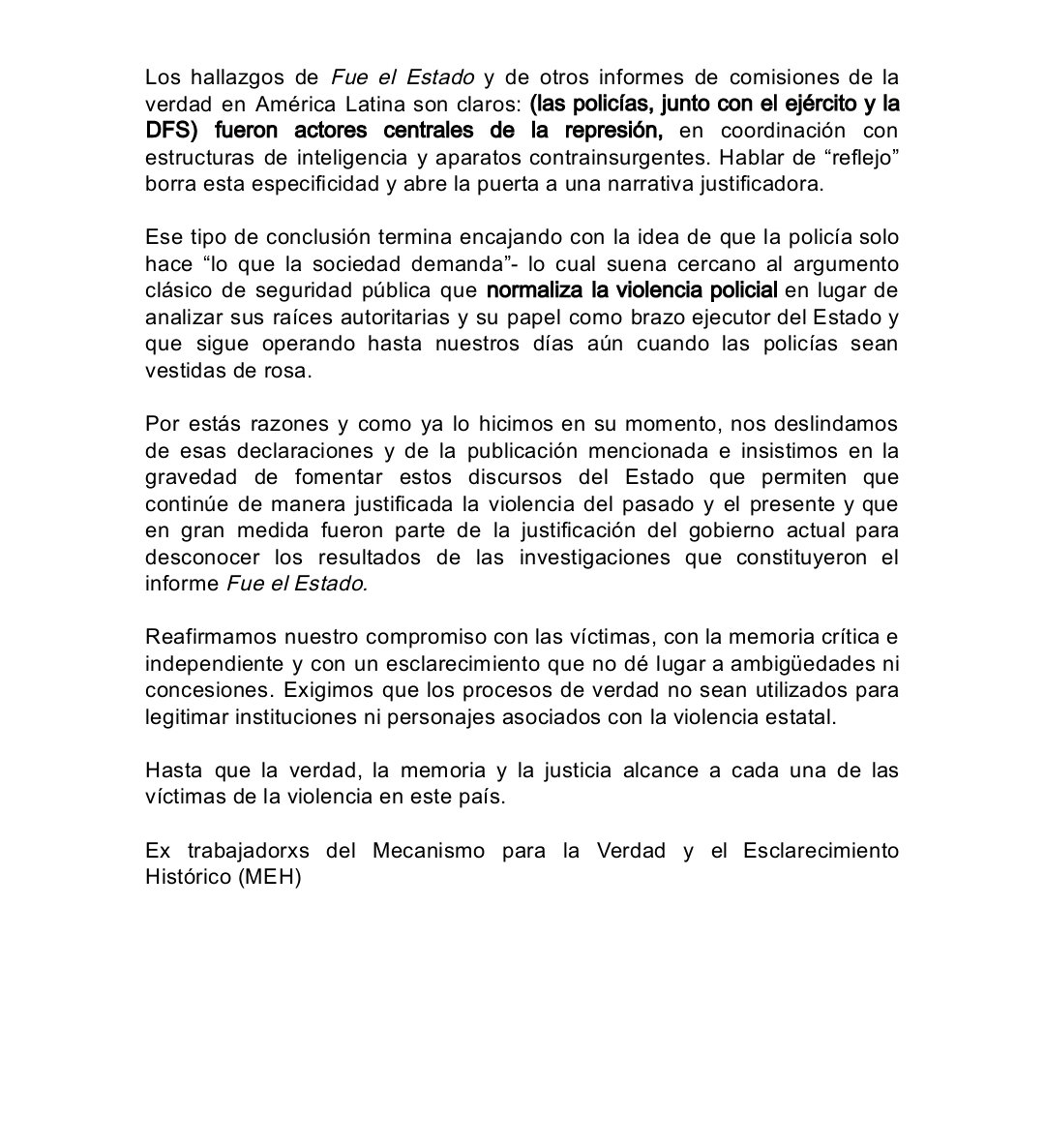 <a href="/SandorMaraiCDMX/">Sándor Márai Librería CDMX</a> Exigimos que los procesos de verdad no sean utilizados para legitimar instituciones ni personajes asociados con la violencia estatal.