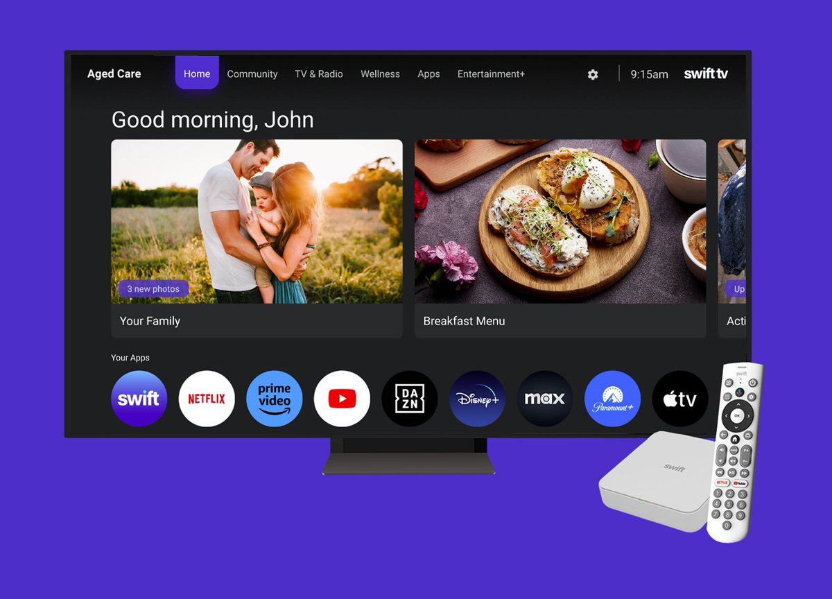 SwiftNetworksAu's tweet image. Swift TV for Aged Care is now available for pre-orders.
This plug &amp;amp; play device reduces time and cost for install.
Swift are sponsors of the Ageing Australia National Conference, where we will be showcasing this product to industry leaders.
See Swift TV ap1.hubs.ly/y0f4nT0