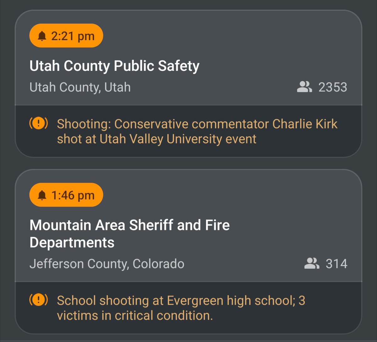 Charlie Kirk is asked about the number of mass shootings that have happened over the past 10 years.
Kirk answers this with a question: "Counting or not counting gang violence?"
He is then fatally shot.

Within the same hour, 3 are shot at a Colorado high school 470mi away.
