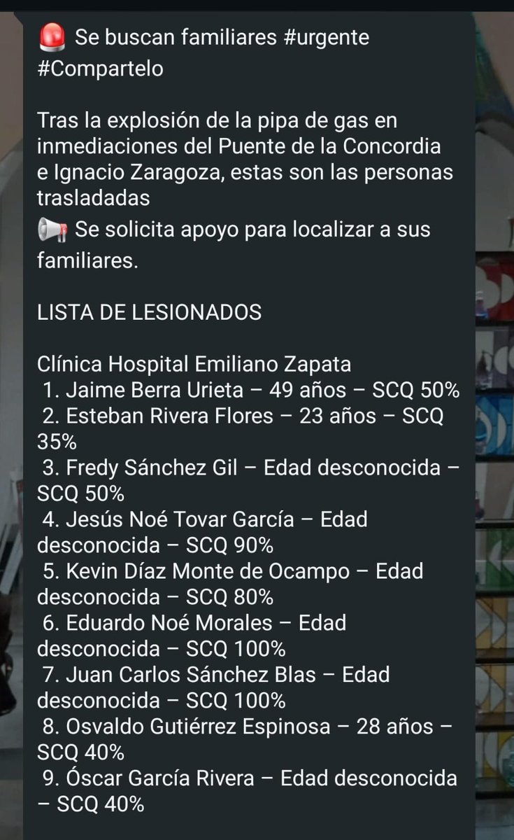 PrensaCDMX's tweet photo. Autoridades difunden la lista de personas hospitalizadas después de la #explosión de la #pipadegas en la zona del puente de la Concordia.
#Iztapalapa https://t.co/Xr5m5ERFkJ