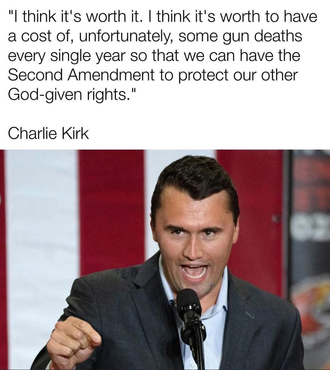 Bullets don't care if you are a Republican or Democrat.   Reality is over 400,000,000 guns and too much hate.  Political violence is happening to both parties.  We need leaders to step up.  Truly sorry for Charlie Kirk and his family.  He was wrong.  It is not worth it.