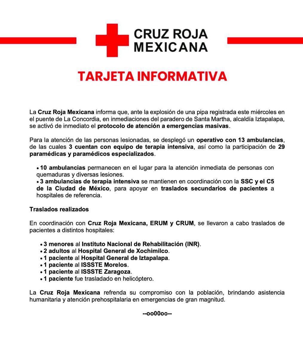 Cruz Roja Mexicana informa el apoyo que está brindando tras la #explosión de pipa en el puente de La Concordia. #CDMX