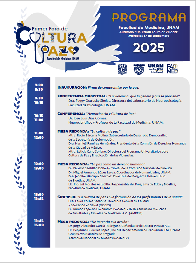 suayedfacmed's tweet photo. 🎓🕊 Primer Foro de Cultura de Paz de la FacMed. Conferencias, mesas y compromiso por la paz. Miércoles 17 de septiembre, Auditorio "Dr. Raoul Fournier Villada". Participa y construyamos comunidad con respeto y diálogo. 📍📚

#SomosFacMed #UNAM #CulturaDePaz https://t.co/HksFsBJJvX