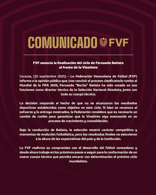A document with text in Spanish. The text includes the logo of the Venezuelan Football Federation (FVF) at the top, featuring a shield with the letters FVF. The text mentions Fernando Batista and the Venezuelan national team.