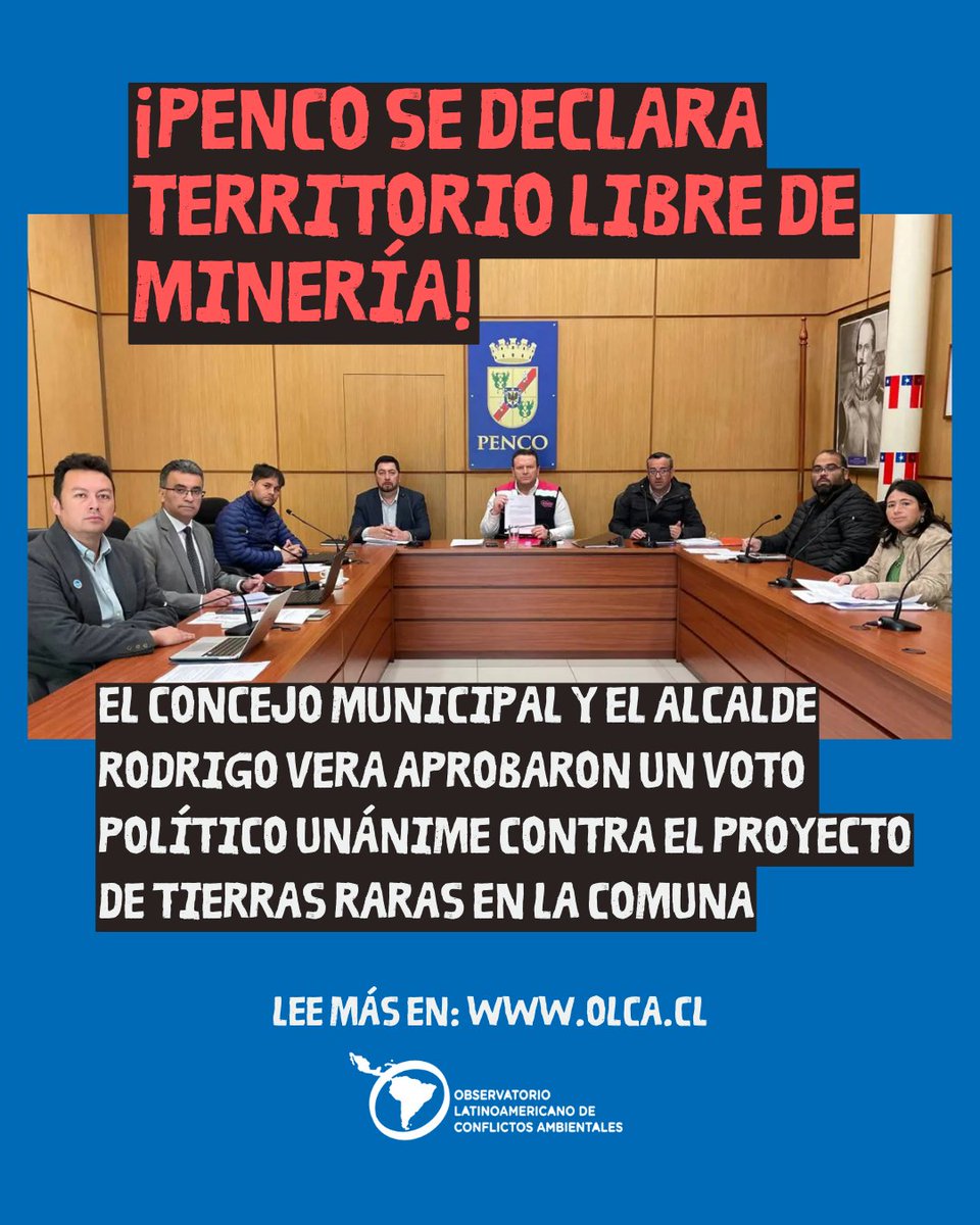 En #Penco, la voz de la comunidad y sus autoridades es firme: no a la minería de tierras raras. El Concejo Municipal junto al alcalde, declararon la comuna “territorio libre de minería”. Lee más en nuestro sitio web: olca.cl/articulo/nota.… 
#DefensaAmbiental #DerechosHumanos