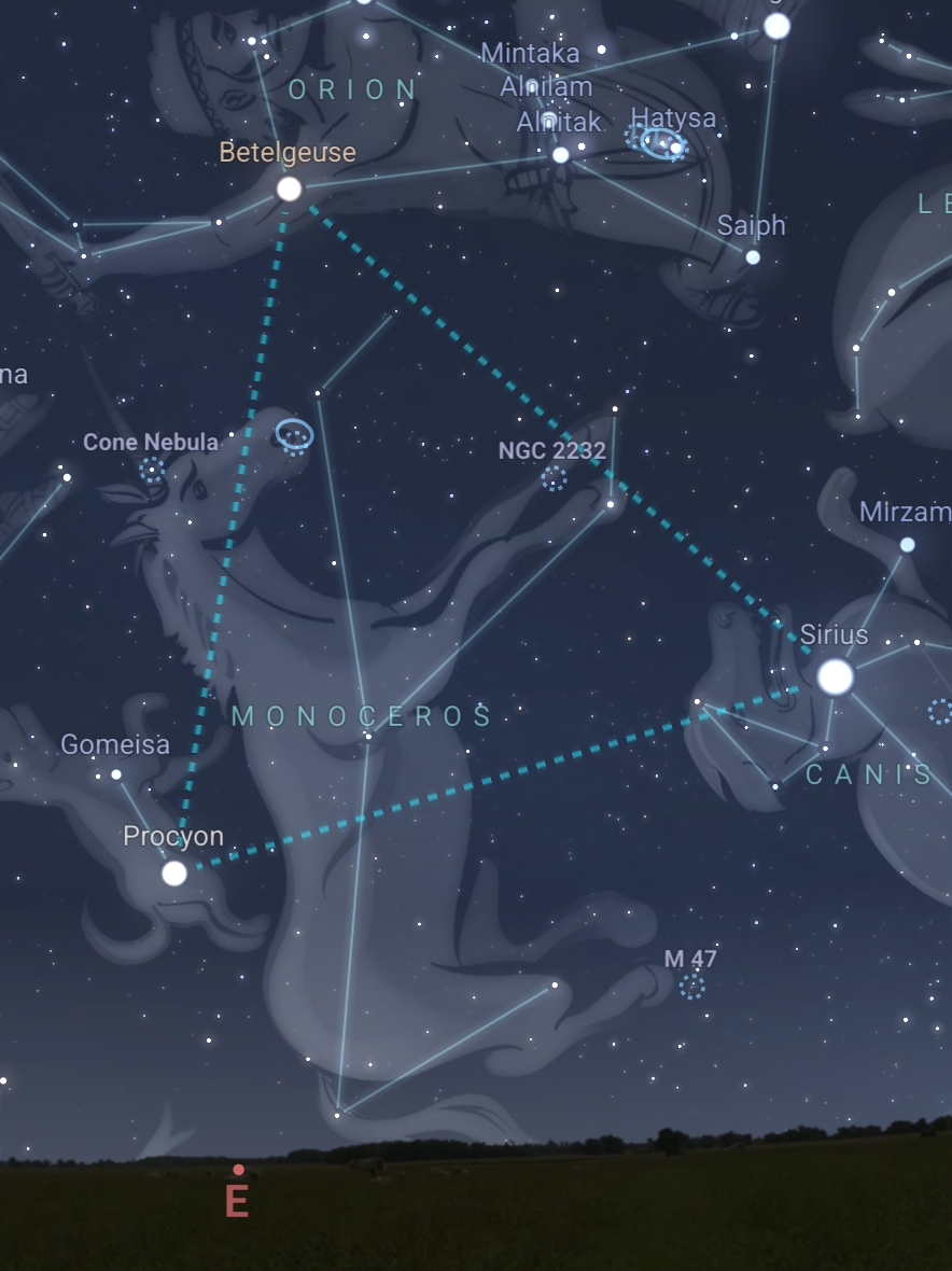 Can you spot the Winter Triangle? This simple shape is one of the easiest asterisms to find. Its stars—Betelgeuse, Sirius, and Procyon—are all super bright. Look for them in the sky!

Find and identify asterisms like this with Stellarium Mobile!