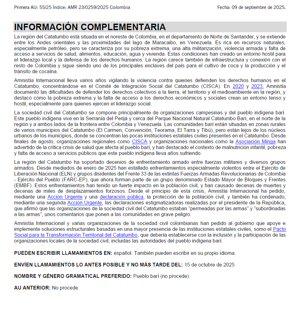🚨Acción Urgente 🚨
Por décadas, el pueblo indígena #Barí en el Catatumbo, #Colombia 🇨🇴, ha enfrentado el abandono. Hoy sufren una epidemia, docenas de enfermos y un niño muerto. Urgimos a <a href="/MinSaludCol/">MinSalud Colombia 🇨🇴</a> y <a href="/GoberNorte/">Gobernación de Norte de Santander</a> garantizar el derecho a la salud. amn.st/6012AKxXg