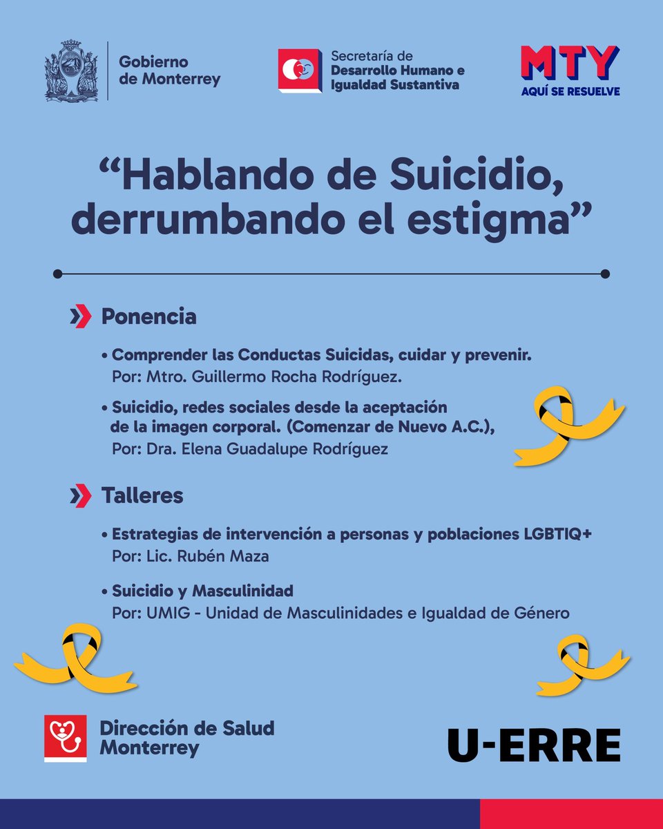 Acompáñanos en la Jornada de Sensibilización por el Día Mundial de la Prevención del Suicidio. 

Tu salud mental importa y queremos recordarte que no estás solo.🫂 

¡Te esperamos! Cupo limitado. 

#AquíSeResuelve