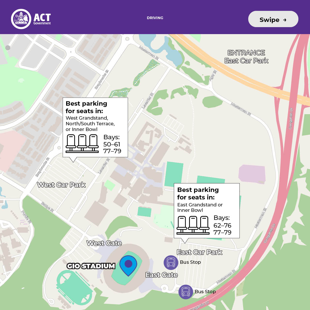 🏉 Arrive early this Sunday, the main car park will fill quickly! $5 early bird parking is available until 45 minutes before NRL kick-off 🚗Gates open at 2:15pm.
Overflow parking is available at CIT and University of Canberra, College St. Bruce.
<a href="/RaidersCanberra/">Canberra Raiders</a>  <a href="/brisbanebroncos/">Brisbane Broncos</a>