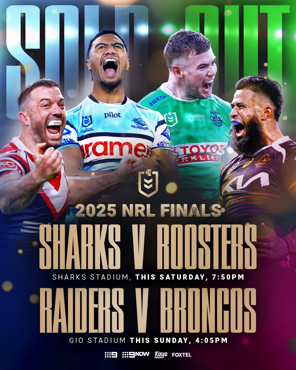 2x SOLD OUT! 🔥

In #NRLFinals, every moment matters. 📺 Watch all Week 1 matches this weekend live on Nine, 9Now, Fox &amp; Kayo.