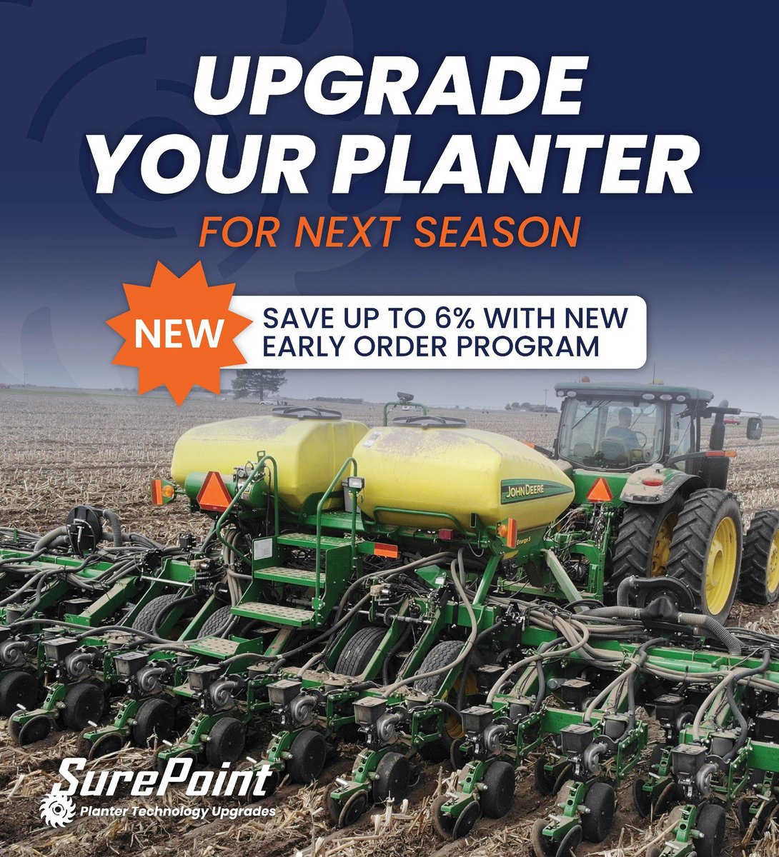 SurePointAg's tweet image. Now’s the time to lock in savings for #MY26! Our newest EOP offers up to 6% off planter technology upgrades, including: MVX™ Electric Seed Meter, RFX™ Row Unit Suspension, & GFX™ Hydraulic Row Cleaners (when paired with MVX or RFX). Learn more at surepointag.com/planter-techno….