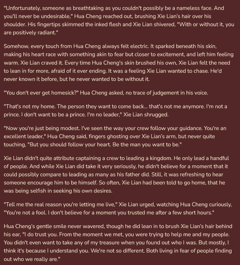 JonesyGabz's tweet photo. It's still Wednesday in some places right? WIP Wednesday! I struggled to pick a section for this because I've reached a point in the story where I really don't want to give certain plot beats away, but this feels good. Hualian getting so close I wish they'd just make out already https://t.co/GVxf8hORaX