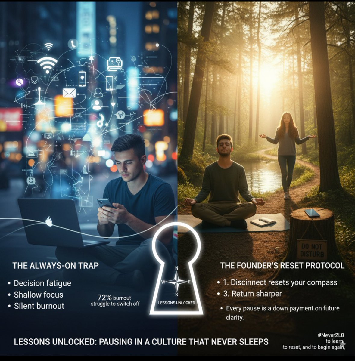 shuklan_au's tweet image. In an always-on world where DMs never stop &amp;amp; opportunities feel infinite…
Founders face a unique challenge:
👉 How do you pause in a culture that never sleeps?
🧵 #LessonsUnlocked