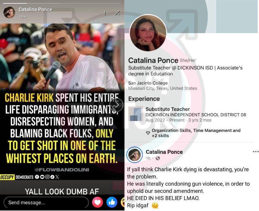 Libs of TikTok (@libsoftiktok) on Twitter photo Catalina Ponce is a substitute teacher at <a href="/DickinsonISD/">Dickinson ISD</a> according to her Linkedin
Here she is mocking Charlie’s death and says if you’re sad then you’re the problem.
Any comment <a href="/DickinsonISD/">Dickinson ISD</a>? Catalina Ponce is a substitute teacher at <a href="/DickinsonISD/">Dickinson ISD</a> according to her Linkedin
Here she is mocking Charlie’s death and says if you’re sad then you’re the problem.
Any comment <a href="/DickinsonISD/">Dickinson ISD</a>?