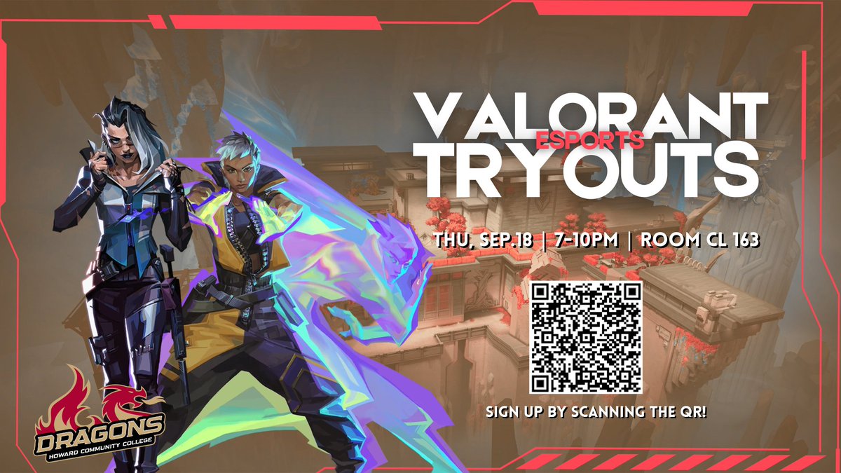 Howardccesports's tweet photo. How's your headshot percentage? Come and prove it at Howard CC's Valorant tryouts! 

Click the link and sign up for the Howard CC discord server! 

https://t.co/webw5xDvmK https://t.co/eNvge92Xo3