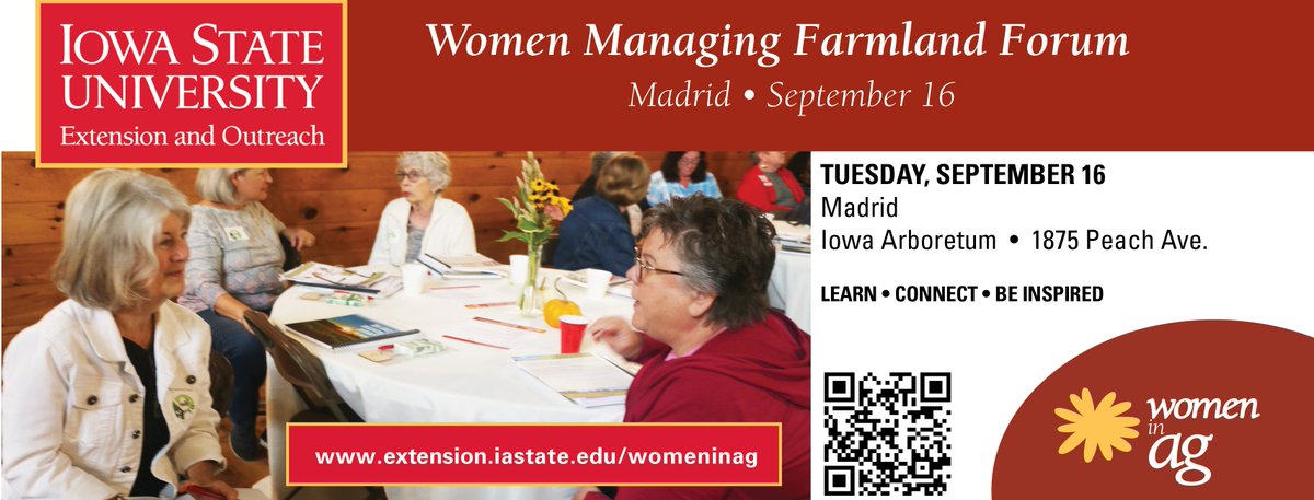 Unfortunately, we have had to cancel three of the four Women Managing Farmland Forums. However, we are still hosting in Madrid at the Iowa Arboretum on Tuesday, Sept. 16. Join us for a day of learning, and connecting.
Register online today!
Madrid: go.iastate.edu/PU7YE8