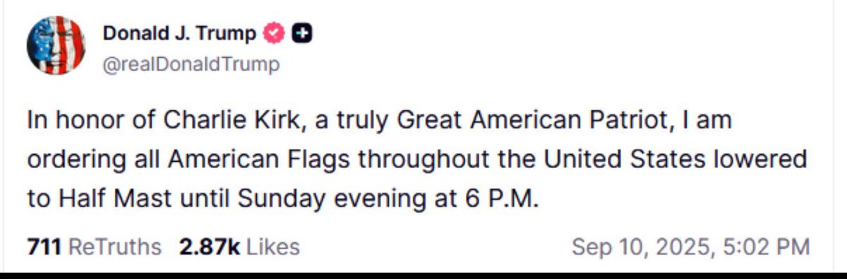 Is this a fucking joke? Calling Charlie Kirk "a truly Great American Patriot" and flying flags across America at half mast... In what fucking world does Kirk — who has been described as a bigot, white supremacist, Christian nationalist, racist, antisemite, and Islamophobe —