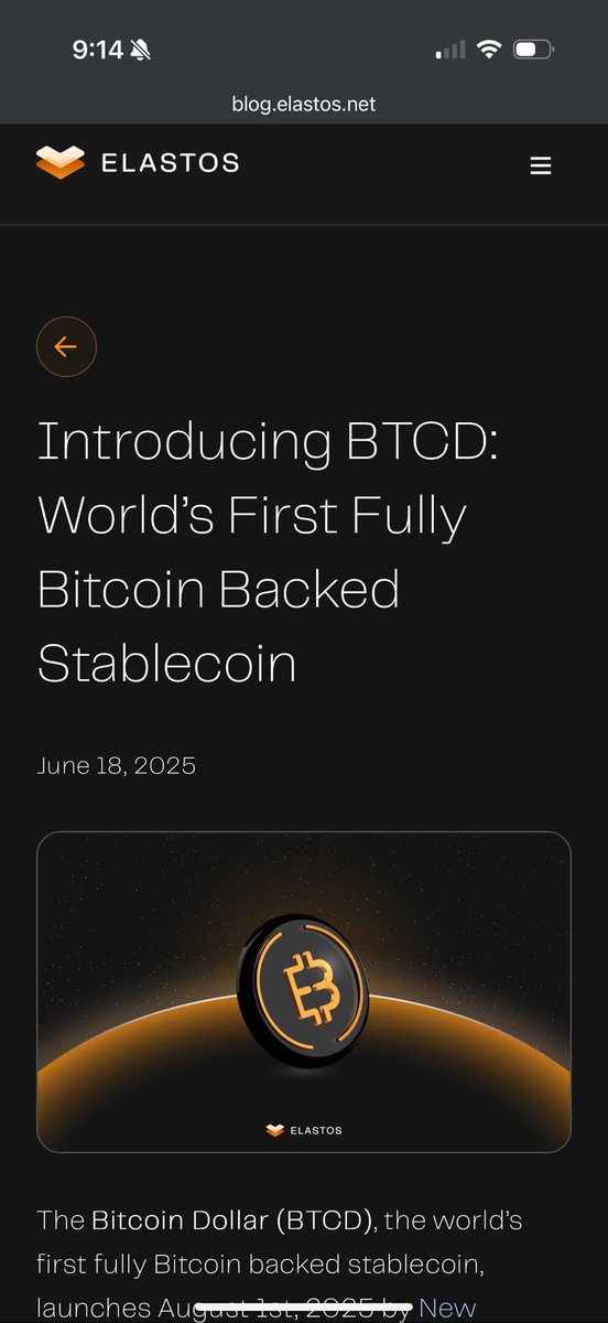The world's first fully Bitcoin backed Stablecoin will be absolutely massive

🔵 $BTCD is the stablecoin
🔵 Bitcoin merge mined $ELA is the settlement gas
🔵 Security audit with top firm on deck