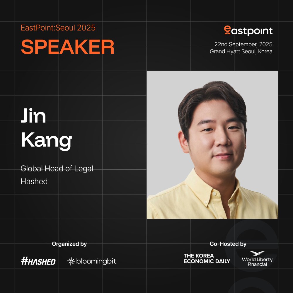 Proud to welcome Jin Kang <a href="/0xjinkang/">Jin Kang | HASHED</a> to EastPoint:Seoul 2025!

Jin Kang is the Global Head of Legal at Hashed (<a href="/hashed_official/">#Hashed</a>), overseeing cross-jurisdictional legal operations across the US, Singapore, Korea, and UAE. A recognized leader in Web3 regulatory strategy, he has