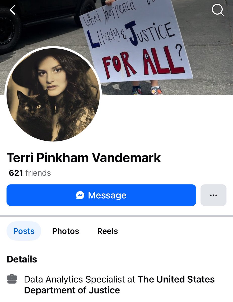 camhigby's tweet photo. DOJ Employee mocks Charlie Kirk death: 

Terri Pinkham Vandemark who self identifies herself as a data analytics specialist at the DOJ since 2012 reportedly publicly mocks deceased Charlie Kirk on Facebook. 

Email me more tips: dcbhigbyy@gmail.com https://t.co/QqGFb34l7E