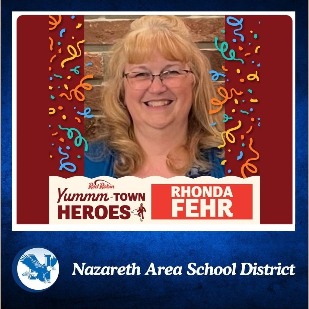 Congratulations to Mrs. Rhonda Fehr! 🎉 5th Grade Teacher- NAIS-FIRST EVER Red Robin YUMMM-Town Hero! Thank you for all you do for our schools and the community! 🦅💙