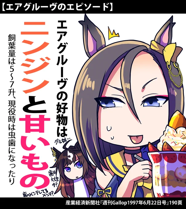 エアグルーヴの好物のお話

まぁ虫歯のエピソード知った時からそうなのかな?
と思ってたけど
好物として答えられるほど甘いもの好きなんですね

#ウマ娘 