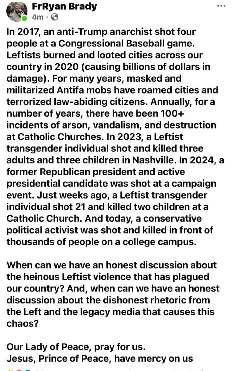 A Facebook post from Father Ryan Brady at St. Christina's Parish on the Southside of Chicago, home to many Chicago police and firefighters. We need more priests like this.