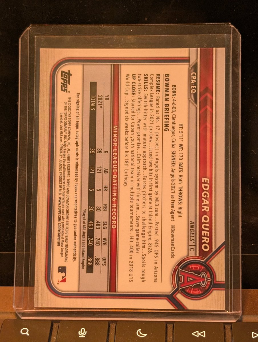 2022 Bowman Edgar Quero Chrome Prospects Autographs Gold Refractors 27/50

$100