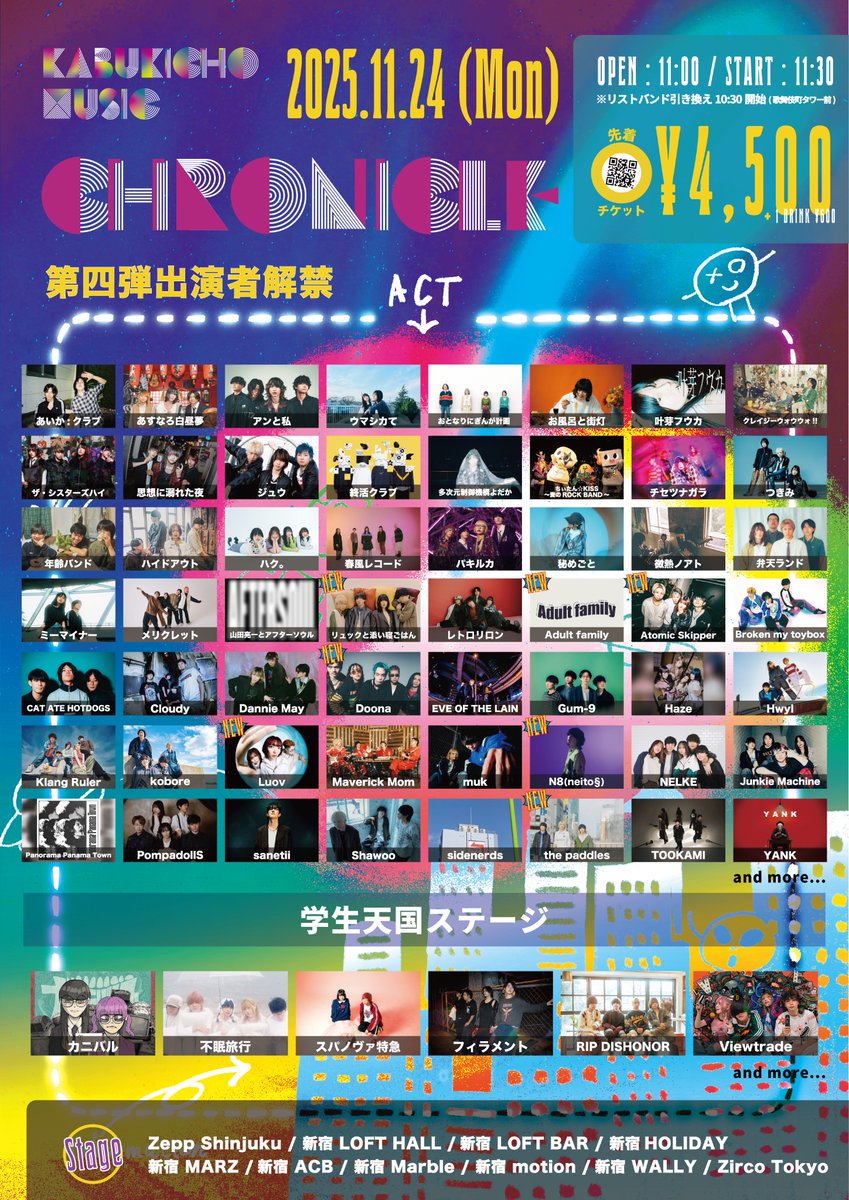 【📢第四弾出演者解禁🌏】

『歌舞伎町 MUSIC CHRONICLE 2025』

▷2025.11.24(Mon)@新宿複数会場
　OPEN 11:00 / START 11:30

🎫TICKET
　 先着先行¥4,500(+1D)
　↪︎ eplus.jp/kabuki-mc25/
