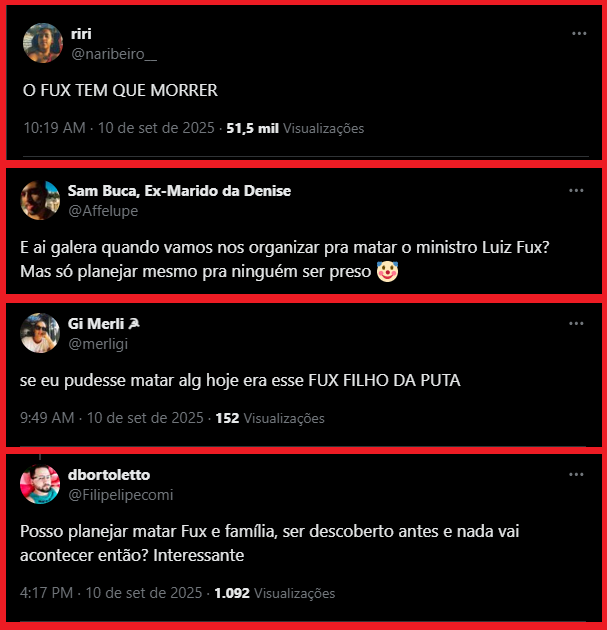 paulodetarsog's tweet photo. A galerinha do amor já fala abertamente em assassinar o Ministro Fux.

ESQUERDA ASSASSINA https://t.co/fvhGrdrVXR