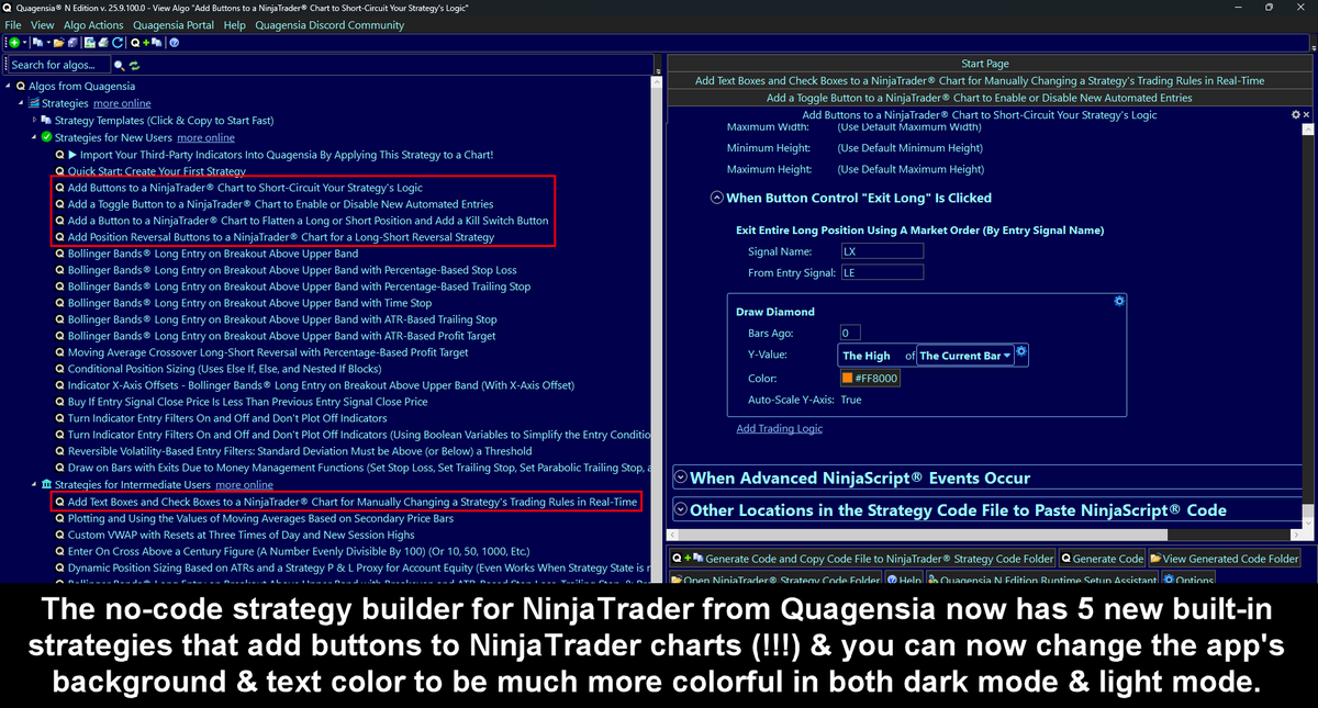 quagensia's tweet photo. The no-code strategy builder for @NinjaTrader from Quagensia now has 5 new built-in strategies that add buttons to NinjaTrader charts (!!!) &amp; you can now change the app's background &amp; text color to be much more colorful in both dark mode &amp; light mode.
#NinjaTrader #NinjaScript https://t.co/BvAAXo1fHm