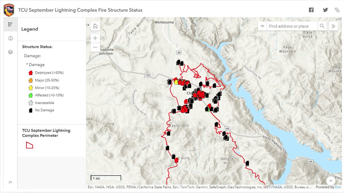 CAWildfiretrack's tweet photo. Structure loss reports have been released for the #TCUSeptemberLightningComplex.
All the structure loss occurred on the #65Fire in Chinese Camp. No fire activity remains.
In total:
95 structures were destroyed.
7 structures were damaged. https://t.co/csiUWwv4OI