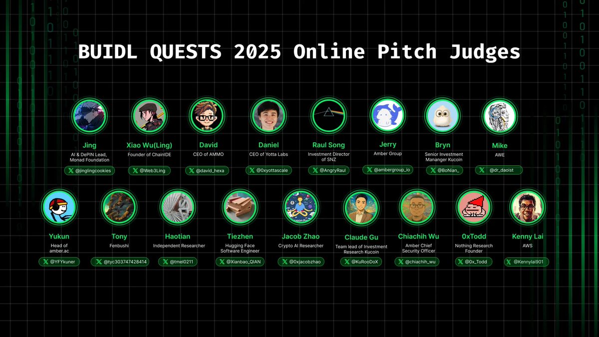 Our BUIDL_QUESTS 2025 Online Pitch is here! 🔥

The results of the hackathon stage are about to be announced! We will be hosting 4 open online pitch sessions on September 11–12 (UTC+8). Everyone is welcome to tune in!

Schedule (UTC+8):

🟢Session 1: Sept 11, 09:30–12:00