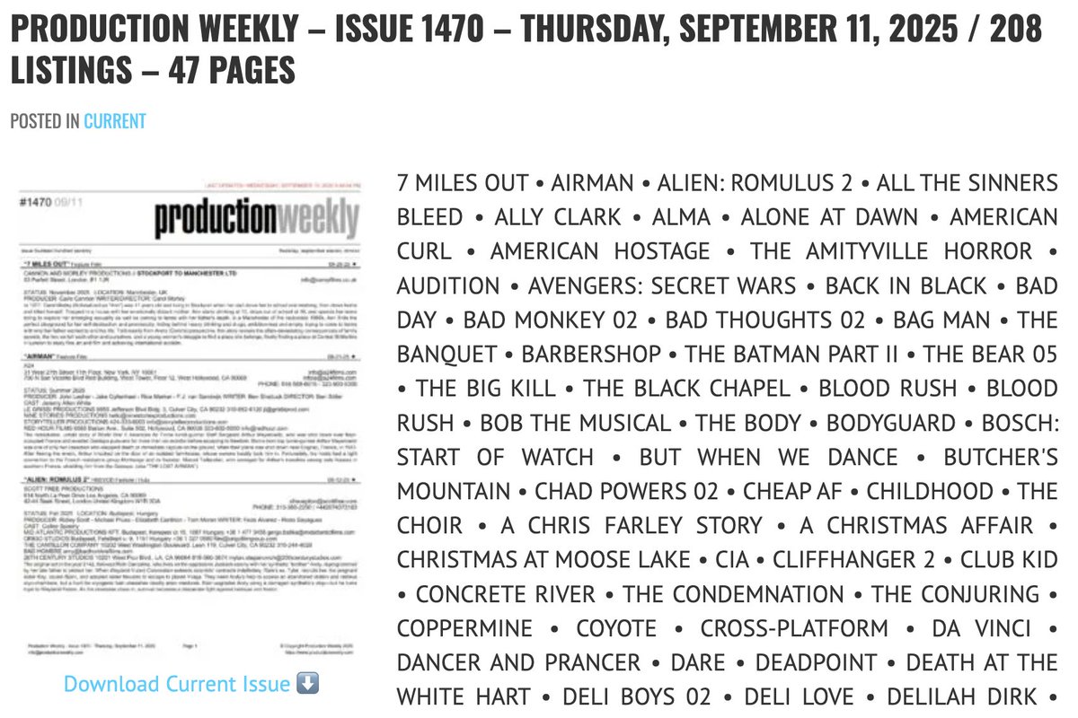 prodweek's tweet image. Production Weekly - Issue 1470 - Thursday, September 11, 2025 / 208 Listings - 47 Pages

Download Current Issue ⬇️

productionweekly.com/production-wee…