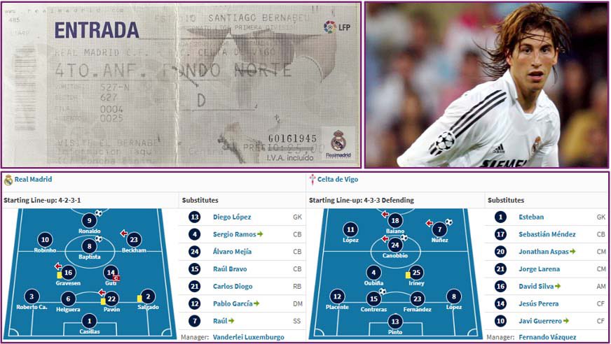 Tam 20 sene önce bugün (10 Eylül 2005) Santiago Bernabeu Stadı’nda oynanan Real Madrid-Celta Vigo (2-3) La Liga maçının bileti - yorgun, solgun ama hala tek parça! Bu maç, sezon başında Sevilla’dan transfer edilen Sergio Ramos’un Real Madrid forması ile henüz ilk maçı.