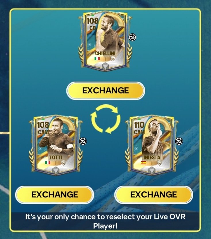 Dunga chapter rewards include:

300 training transfer
70 Shards
1250 Gems
7.1m Coins
3 mascherano
20 Base Cards
Final reward is unlock exchange your live ovr captain exchange. Costs = 3k Tokens and the card you are getting rid of...

<a href="/tutiofifa/">Tío Fifah 🇨🇴 🇵🇸 حرة</a> <a href="/EASFCMOBILE/">EA SPORTS FC MOBILE</a>