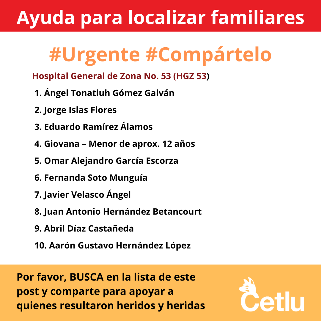 CetluLupusMex's tweet photo. 🚨 Amigas y amigos de @CetluLupusMex AYUDA - Se buscan familiares #urgente #Compartelo Tras la explosión de la pipa de gas en inmediaciones del Puente de la Concordia e Ignacio Zaragoza, estas son las personas trasladadas👇(1 de 1)
#explosion
@50mas1Mx https://t.co/2zpzHdxFnN