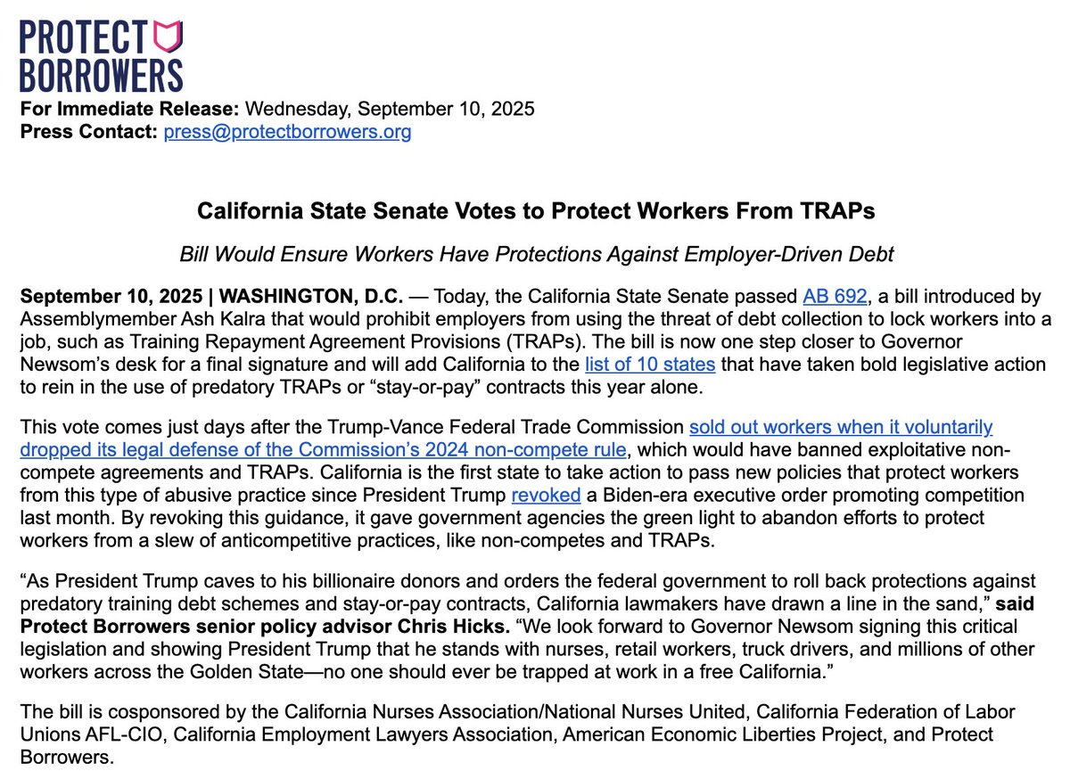 BorrowerJustice's tweet photo. [BREAKING] The CA Senate just passed @Ash_Kalra's #AB692, which would prevent CA employers from using debt to trap their employees at work.

We're proud to be a sponsor of this bill, fighting alongside @CalNurses @CaliforniaLabor @econliberties @CELA_Lawyers.

Our statement👇 https://t.co/h6Sned5ptI