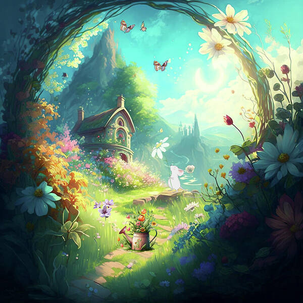 A Beautiful Day In The Magical Flower Valley. If you can find your way to the hidden 'door', in a forest up in the mountains, you can enter the Magical Flower Valley. 

#cards #wallart #shirts #mugs #bags #pillows #giftidea #notebooks #stickers #ornaments #fantasyart