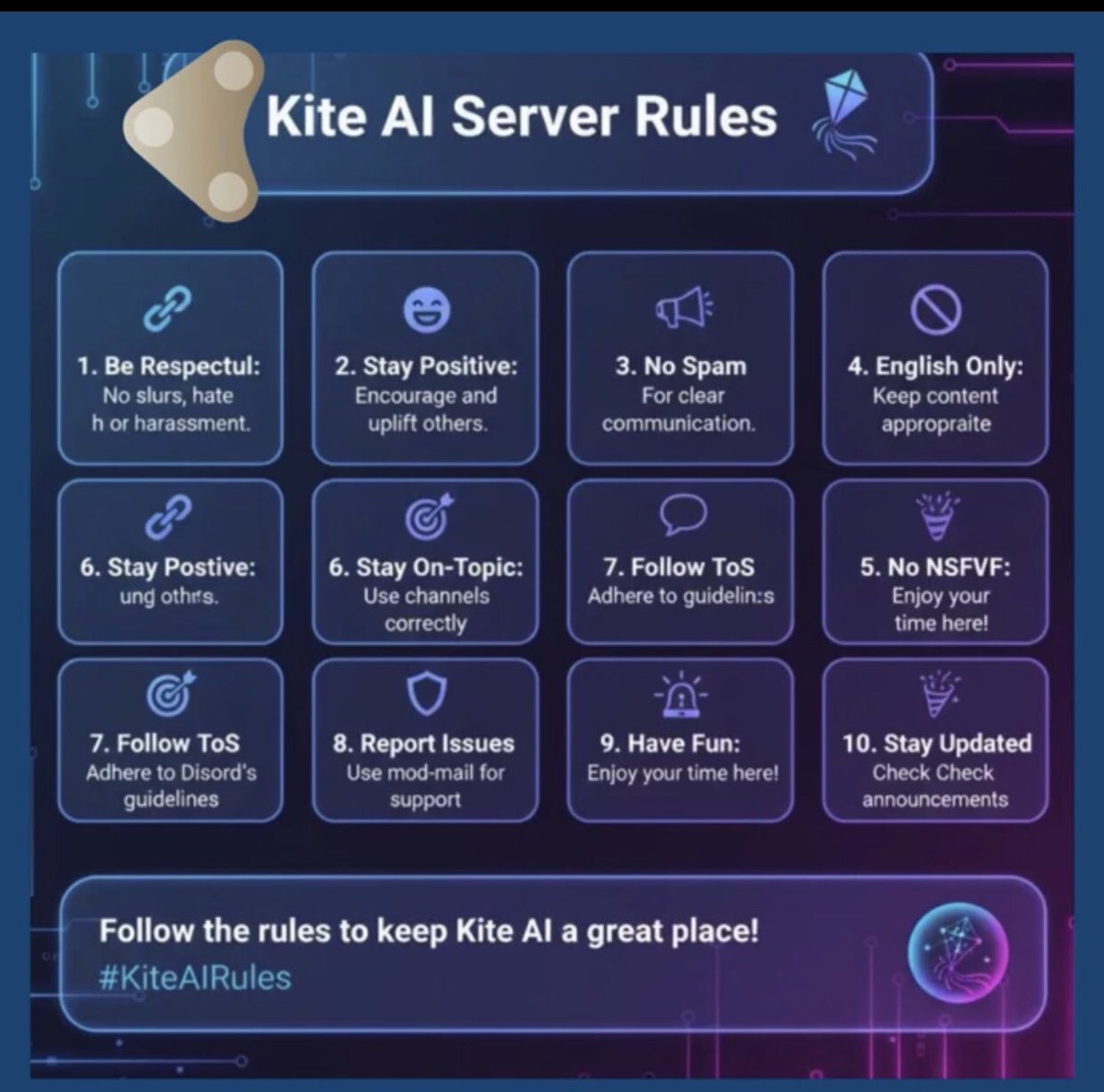 kingop0007's tweet photo. Kite AI Server Rules 🧵@GoKiteAI
1️⃣ Be Respectful no hate or harassment
2️⃣ Stay Positive uplift others
3️⃣ No Spam! keep it clean
4️⃣ English Only easy for all
5️⃣Follow ToS! respect guidelines
6️⃣Stay On Topic use channels right.
7️⃣Report Issues mods got you.
#KiteAI #33M https://t.co/ncVpXqBVQI